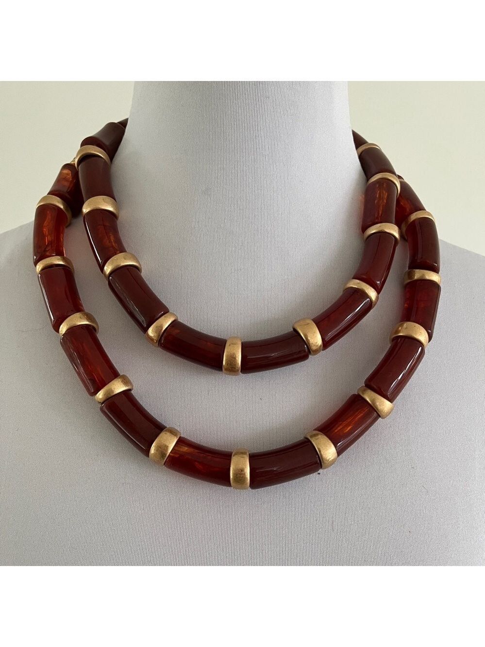 ZARA Set of 2 Necklaces Chunky Burgundy Amber Tone Gold Tone Accents Statement